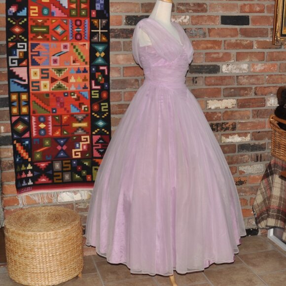 Vintage 50s Pink Ruched Tulle Layer Crinoline Grad Prom Gown Dress XS Waist 24" - Picture 2 of 13